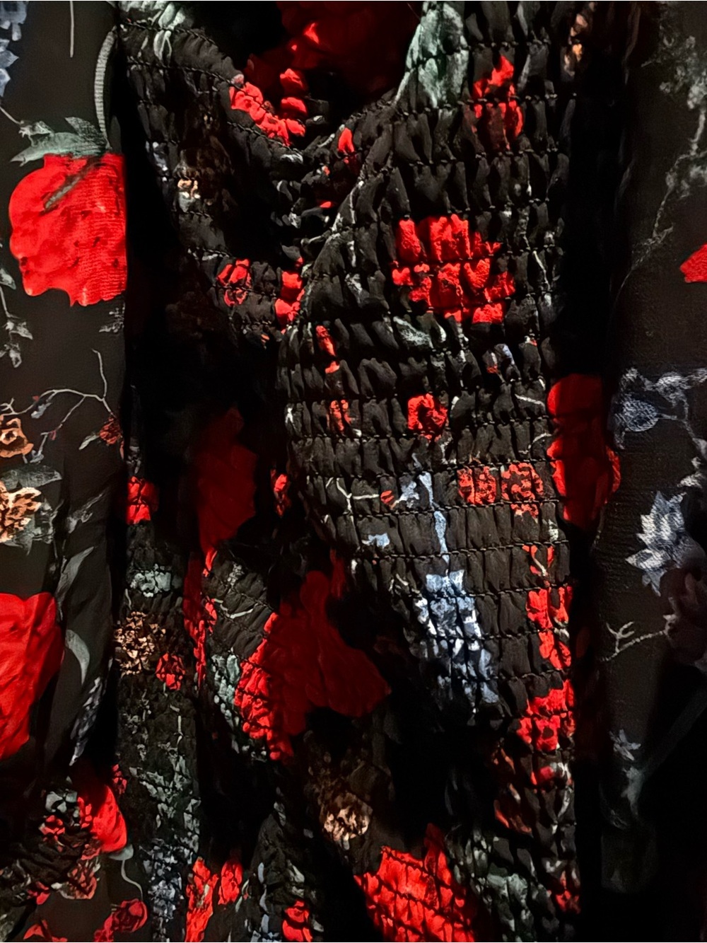 JAUS Black Red Floral Smocked Midi Dress Puff Sleeve Bodycon cocktail semi forma - Picture 9 of 10